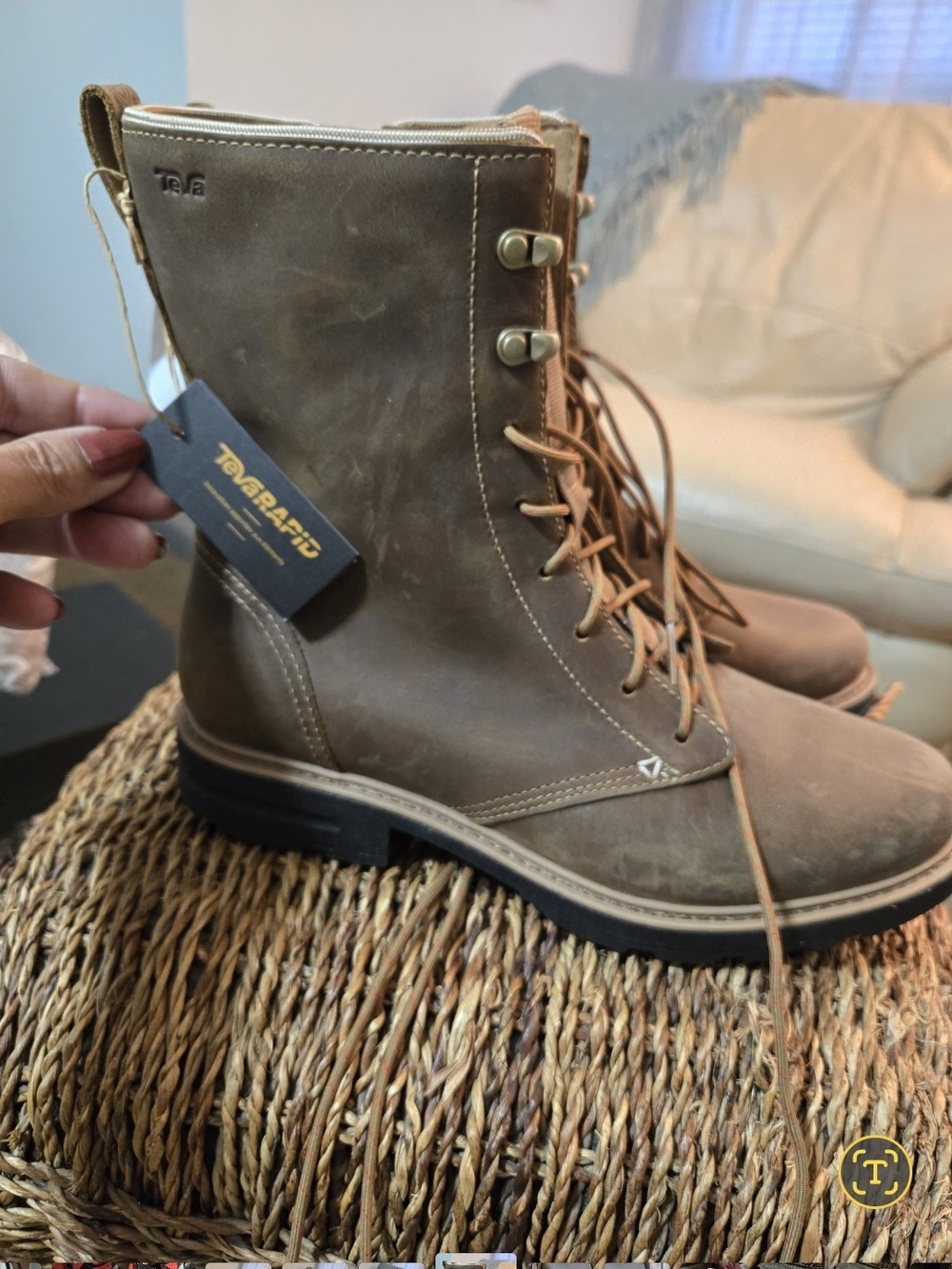 NWT Teva Rowena Lace Boots Honey Brown Leather Waterproof Mid-Calf Zip Size 10M